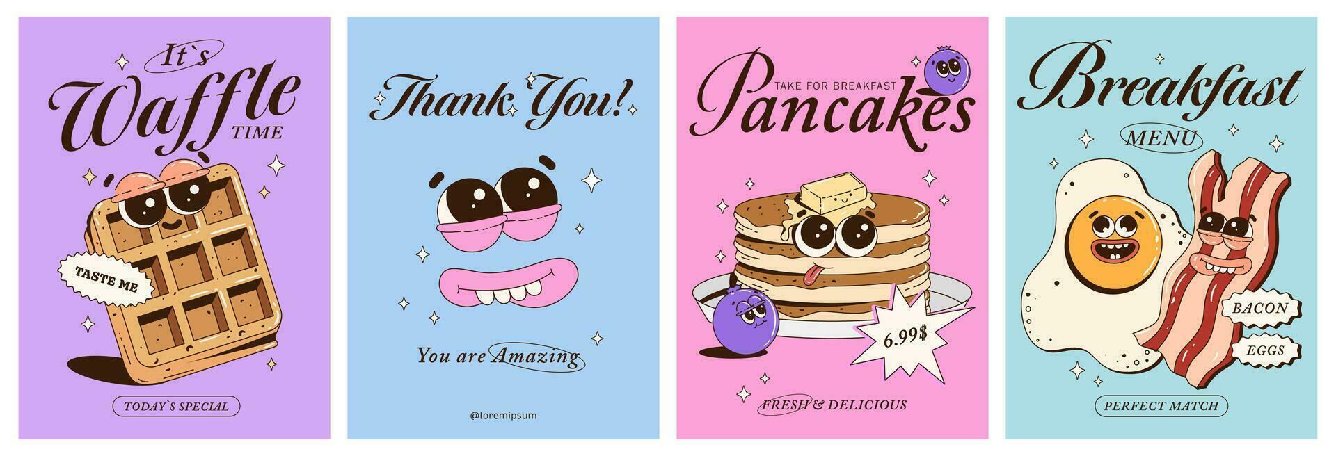 Trendy posters with funny characters. Fresh baked, pancakes, waffles, bacon, eggs, blueberries. Branding mascots for cafe, restaurant, bar. Vector illustration.