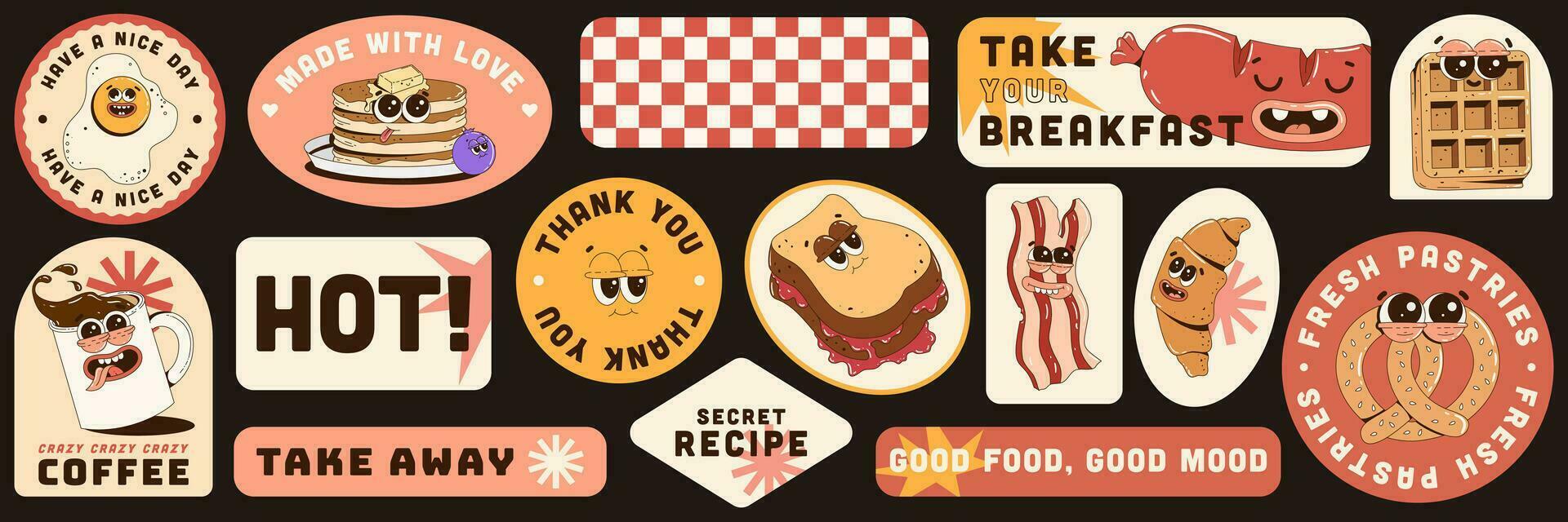 Trendy sticker set with funky retro food characters. Phrases and slogans. Branding mascots for cafe, restaurant, bar. Fresh pastries, breakfast and lunch menu. vector