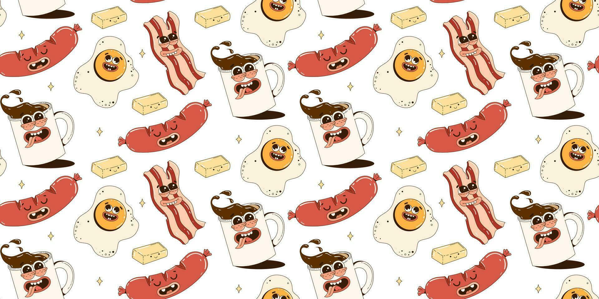 Seamless pattern with funny cartoon food characters. Coffee, sausage, egg, bacon, butter. Trendy retro groovy style. Vector background.