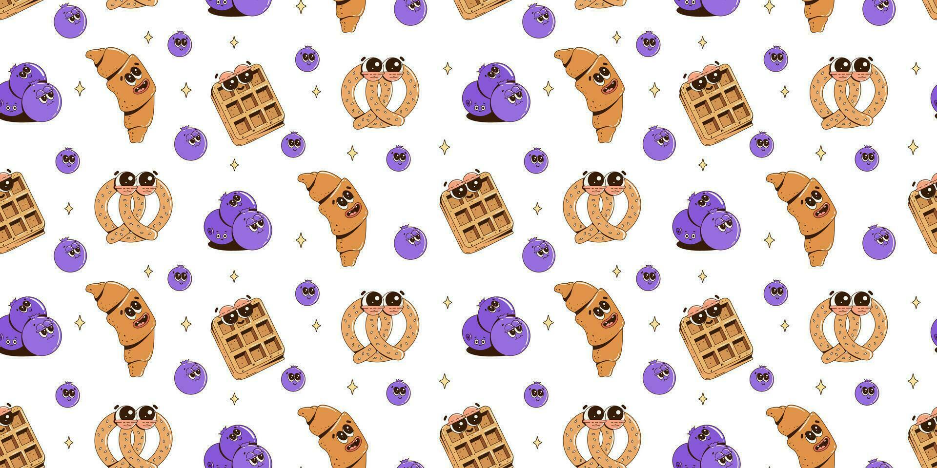 Seamless pattern with funny cartoon food characters.Waffles, pretzel, croissant, blueberries. Trendy retro groovy style. Vector background.