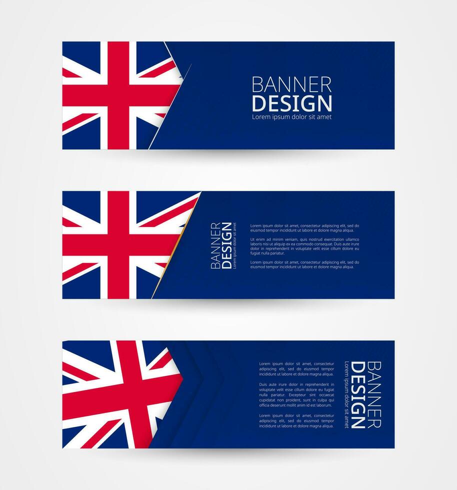 Set of three horizontal banners with flag of United Kingdom. Web banner design template in color of UK flag. vector