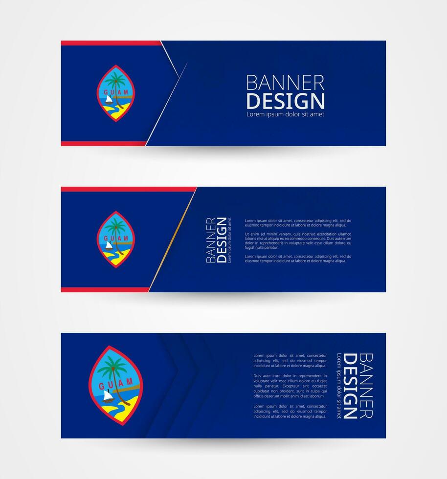 Set of three horizontal banners with flag of Guam. Web banner design template in color of Guam flag. vector