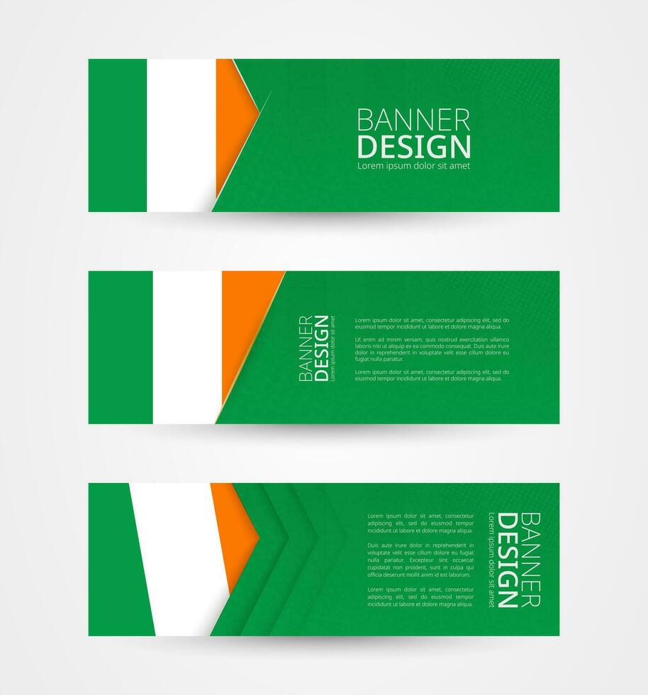 Set of three horizontal banners with flag of Ireland. Web banner design template in color of Ireland flag. vector