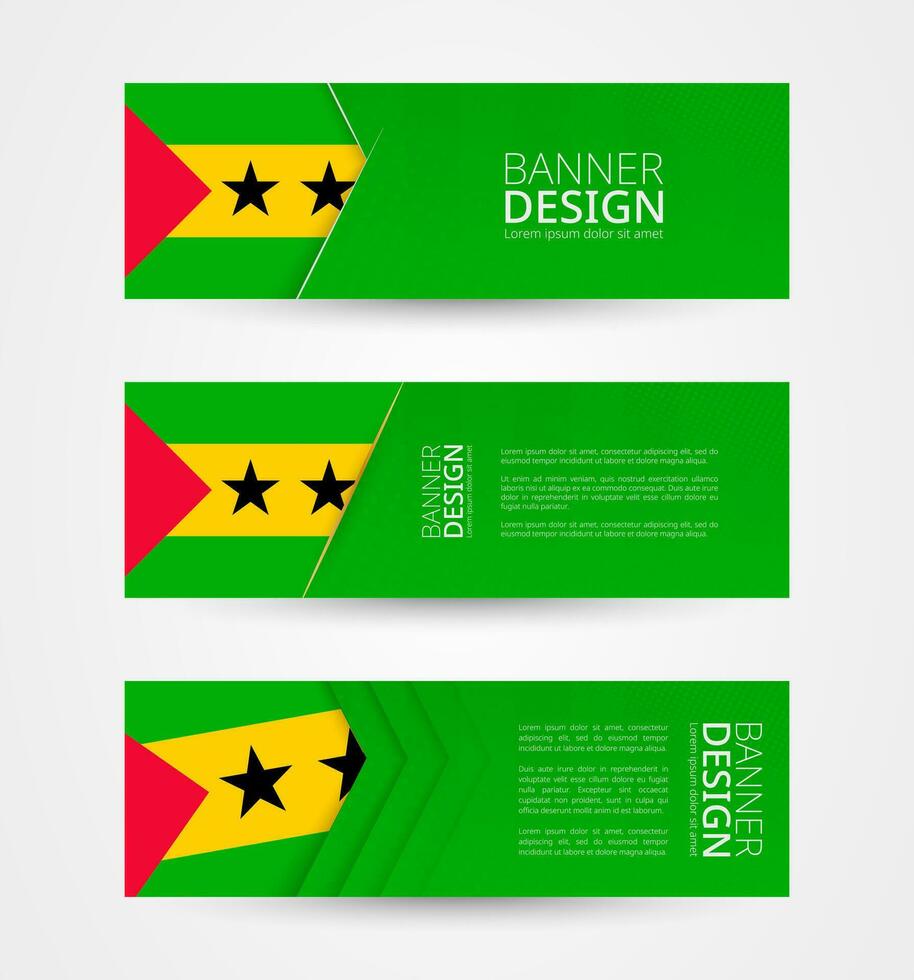 Set of three horizontal banners with flag of Sao Tome and Principe. Web banner design template in color of Sao Tome and Principe flag. vector