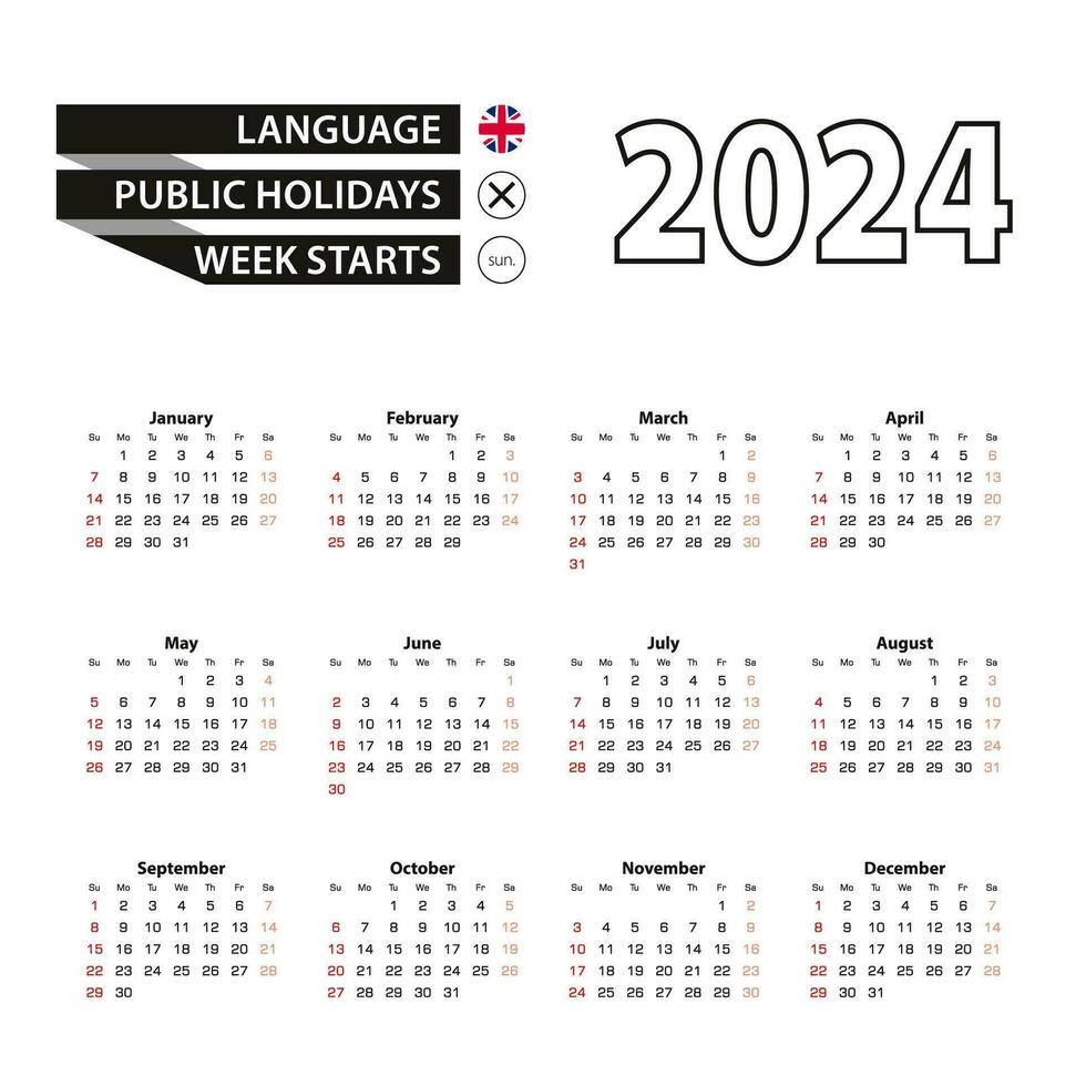 2024 calendar in English language, week starts from Sunday. vector