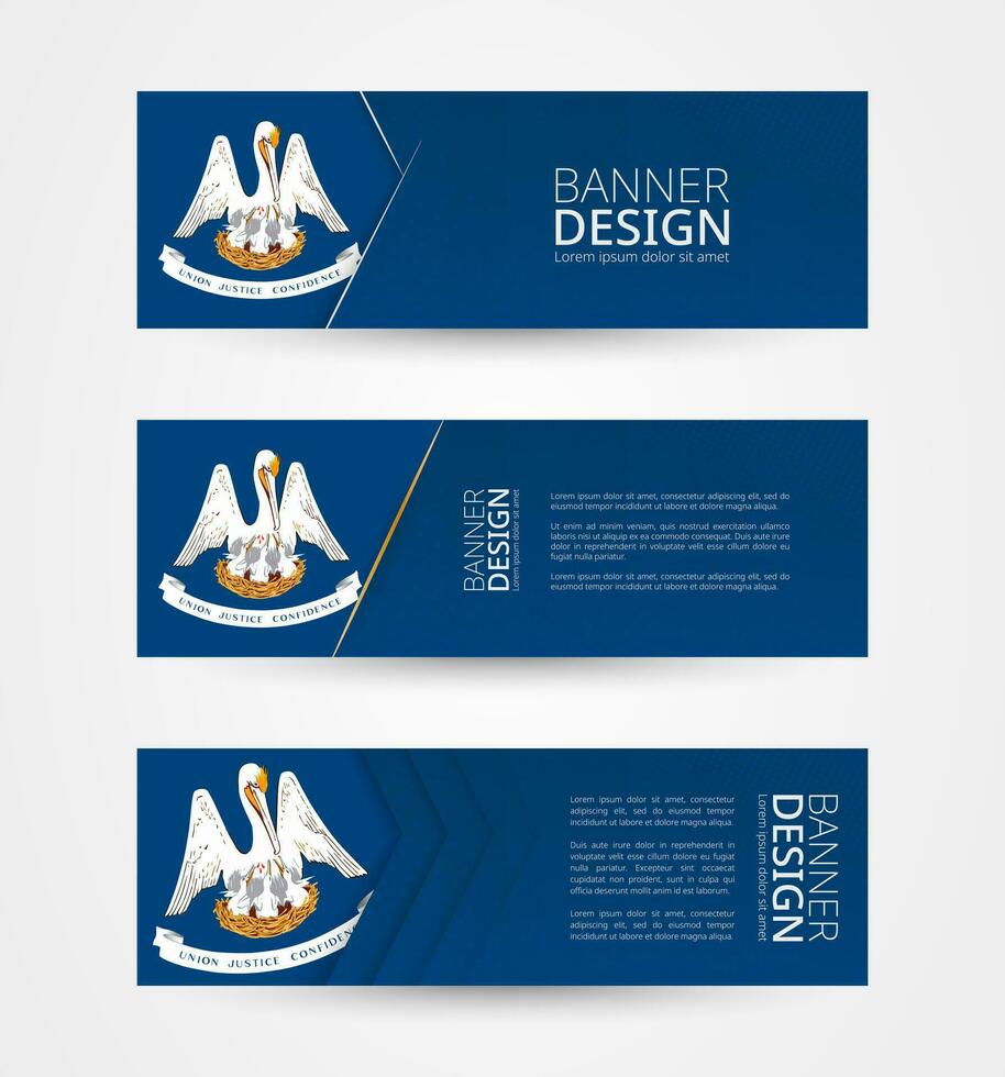 conjunto de Tres horizontal pancartas con nosotros estado bandera de Luisiana. web bandera diseño modelo en color de Luisiana bandera. vector