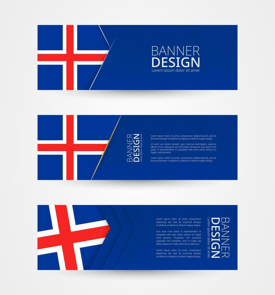 Set of three horizontal banners with flag of Iceland. Web banner design template in color of Iceland flag. vector