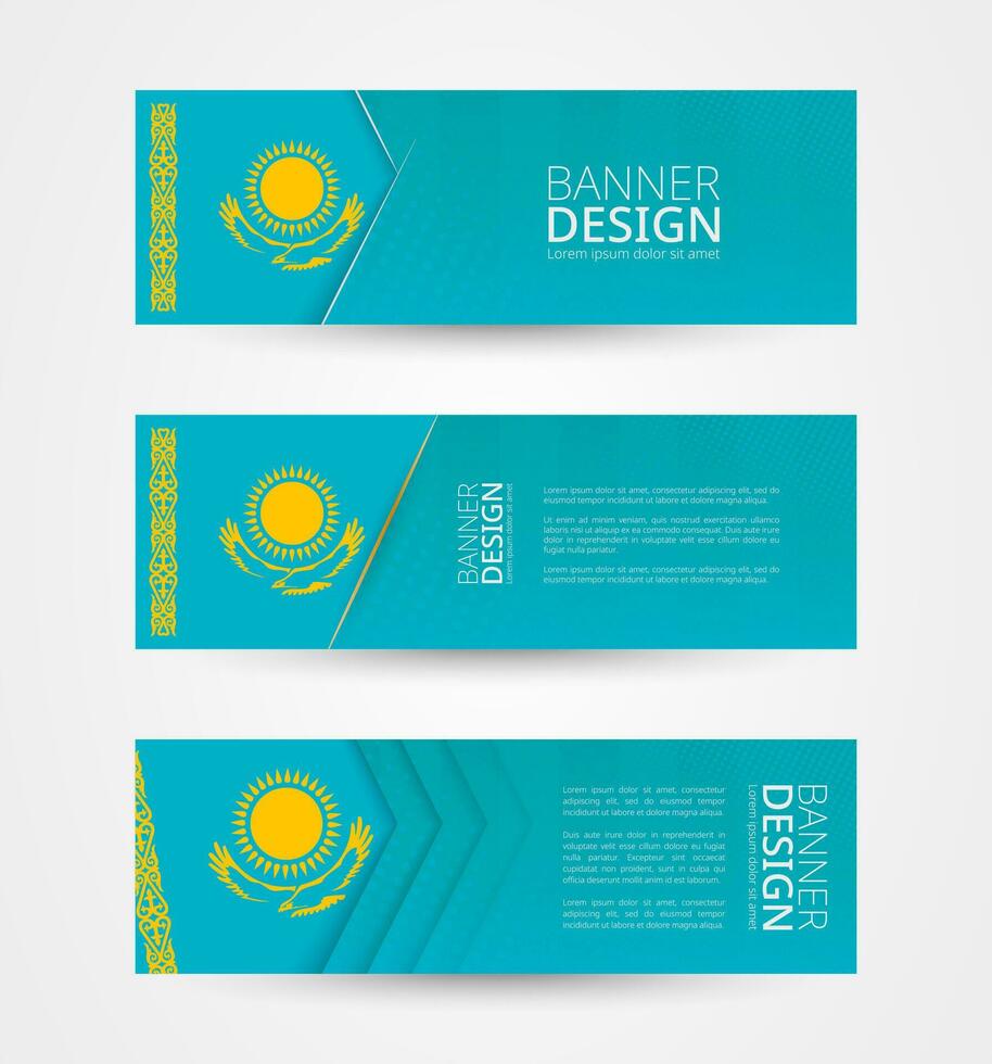 Set of three horizontal banners with flag of Kazakhstan. Web banner design template in color of Kazakhstan flag. vector