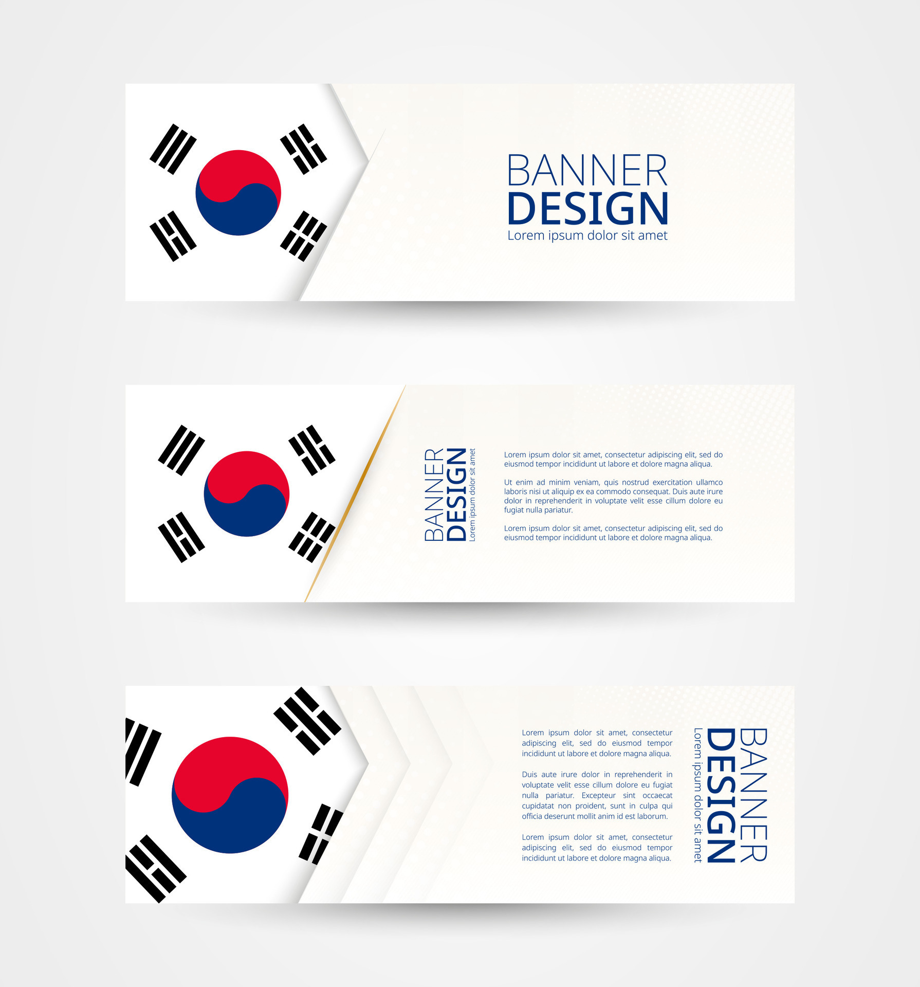 Set of three horizontal banners with flag of South Korea.  banner