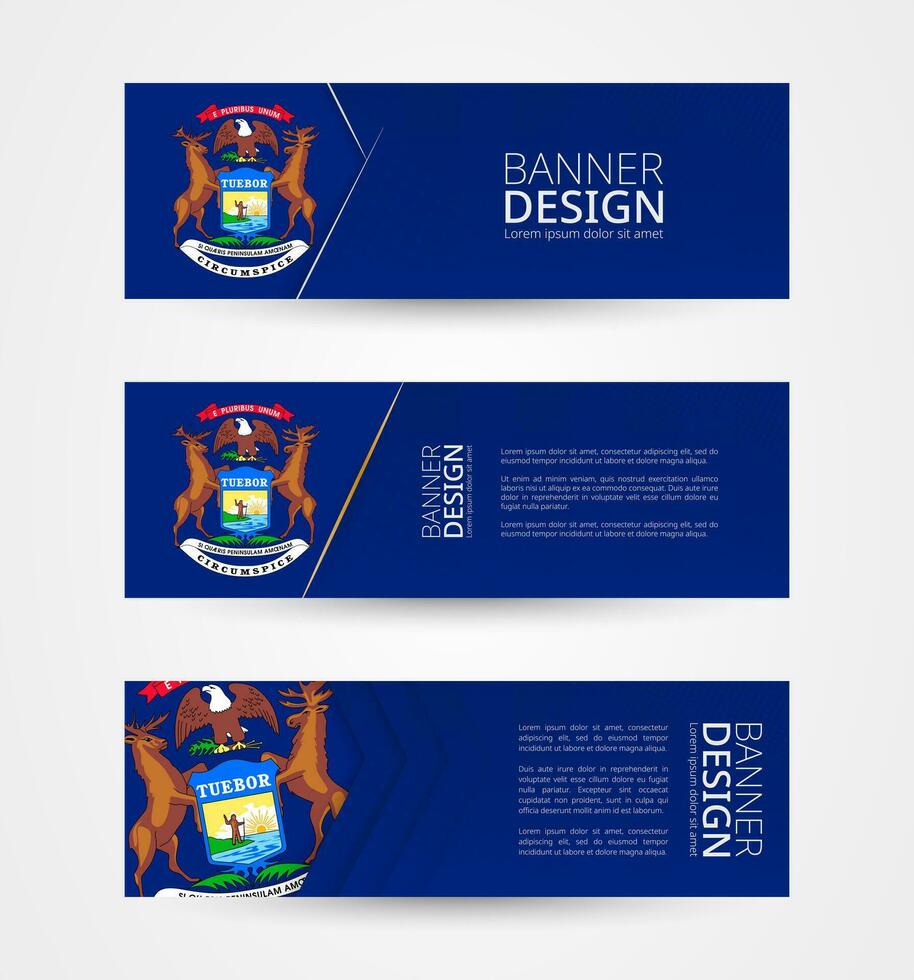 Set of three horizontal banners with US state flag of Michigan. Web banner design template in color of Michigan flag. vector