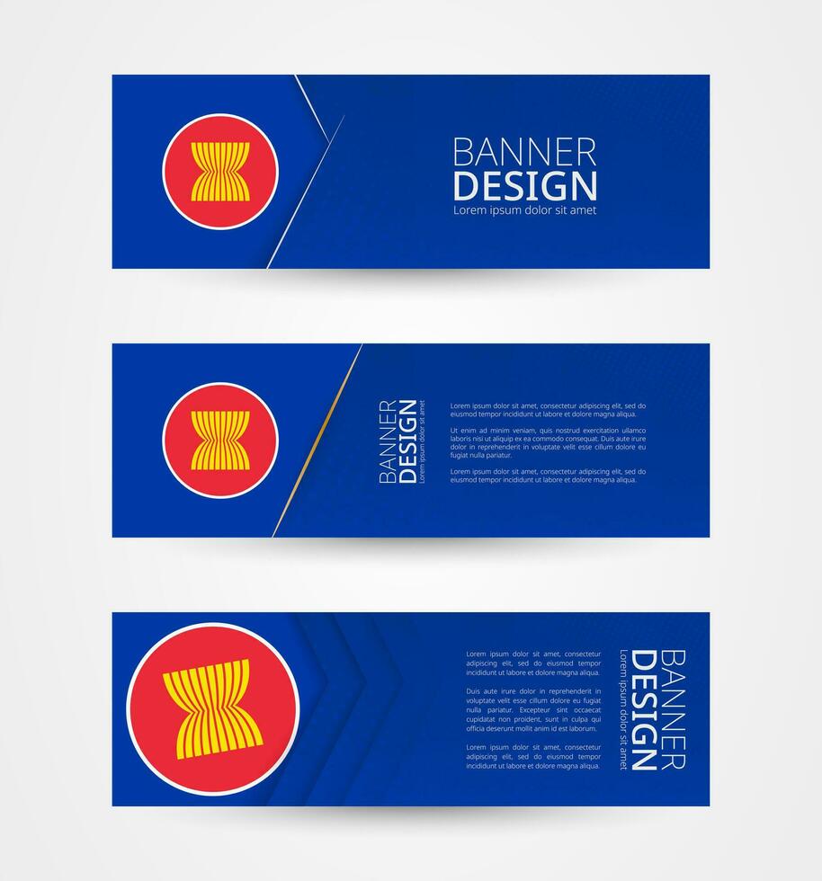 conjunto de Tres horizontal pancartas con bandera de ASEAN web bandera diseño modelo en color de asean bandera. vector