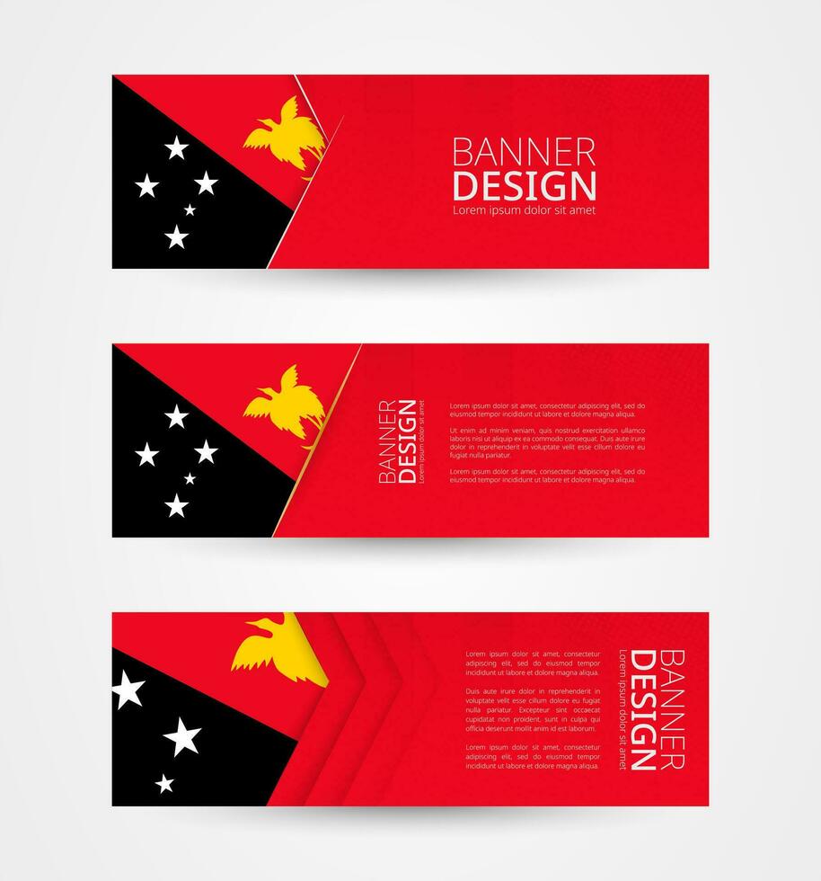 Set of three horizontal banners with flag of Papua New Guinea. Web banner design template in color of Papua New Guinea flag. vector