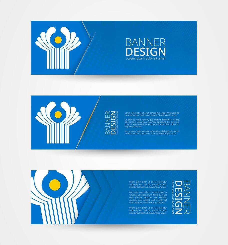 Set of three horizontal banners with flag of CIS. Web banner design template in color of CIS flag. vector