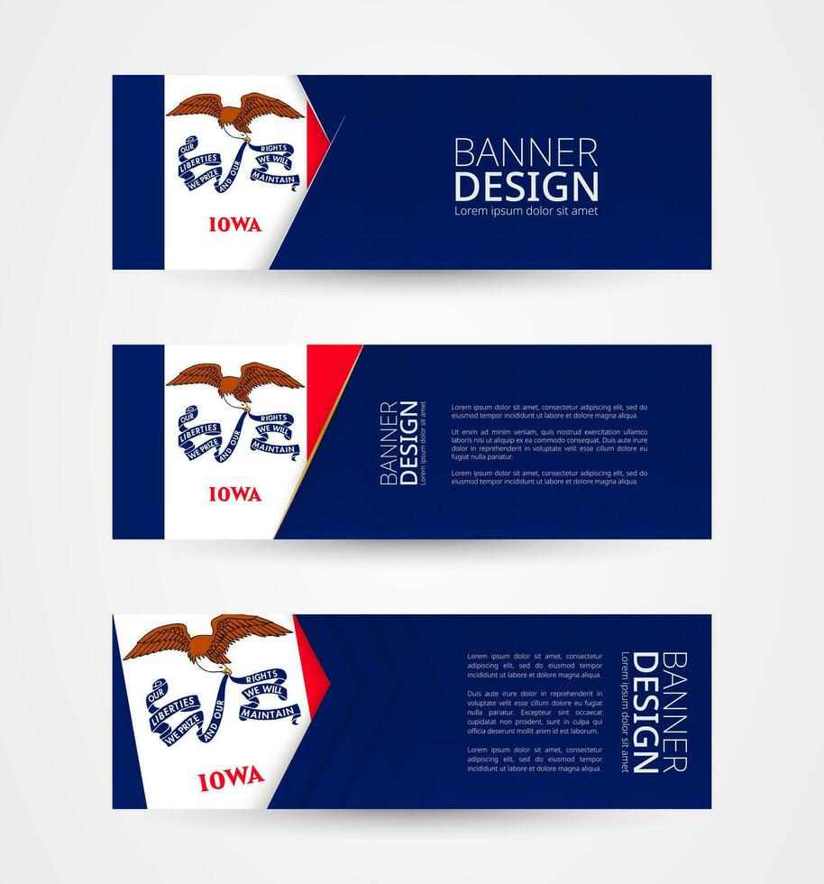 Set of three horizontal banners with US state flag of Iowa. Web banner design template in color of Iowa flag. vector