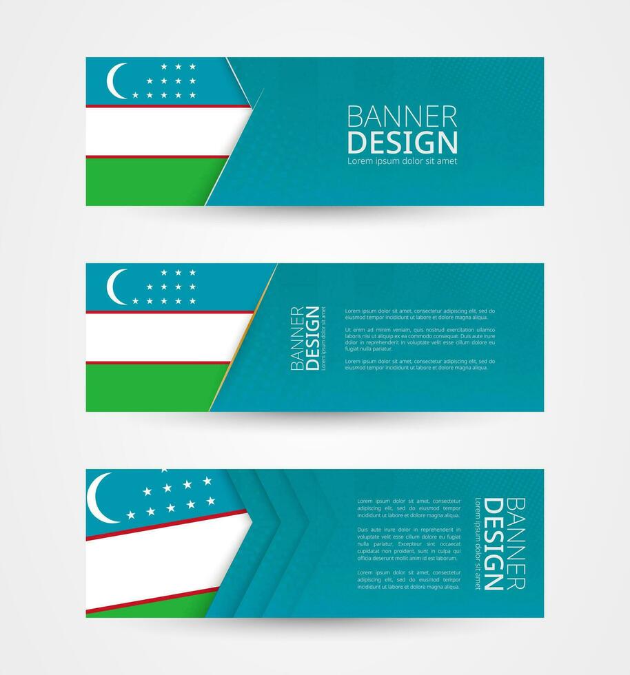 conjunto de Tres horizontal pancartas con bandera de uzbekistán web bandera diseño modelo en color de Uzbekistán bandera. vector