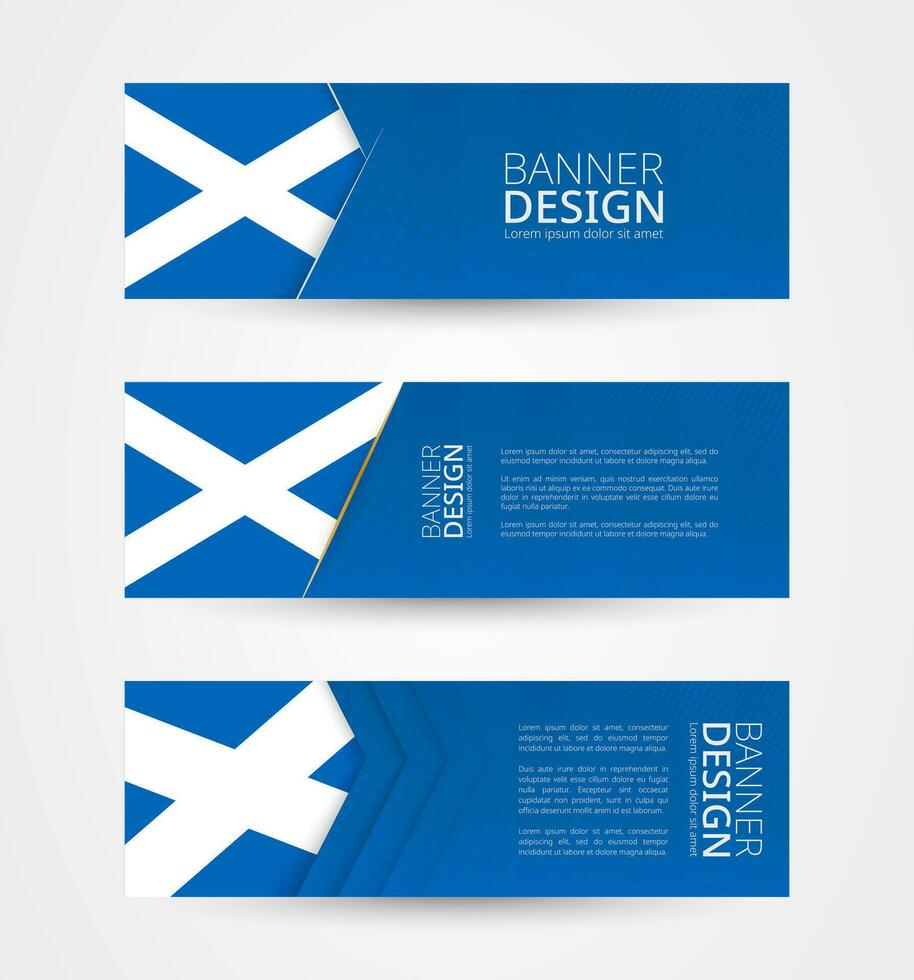 Set of three horizontal banners with flag of Scotland. Web banner design template in color of Scotland flag. vector