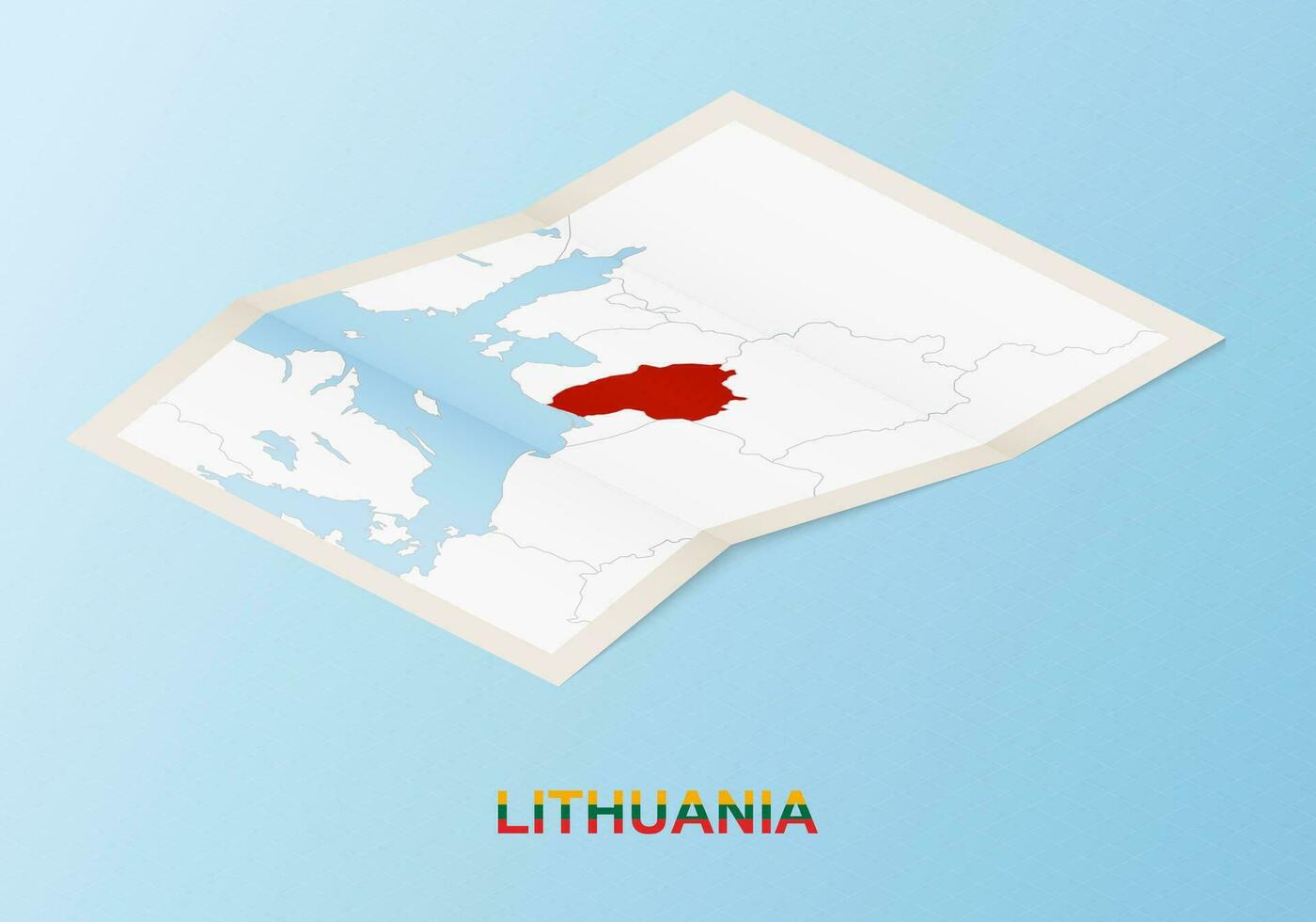 Folded paper map of Lithuania with neighboring countries in isometric style. vector