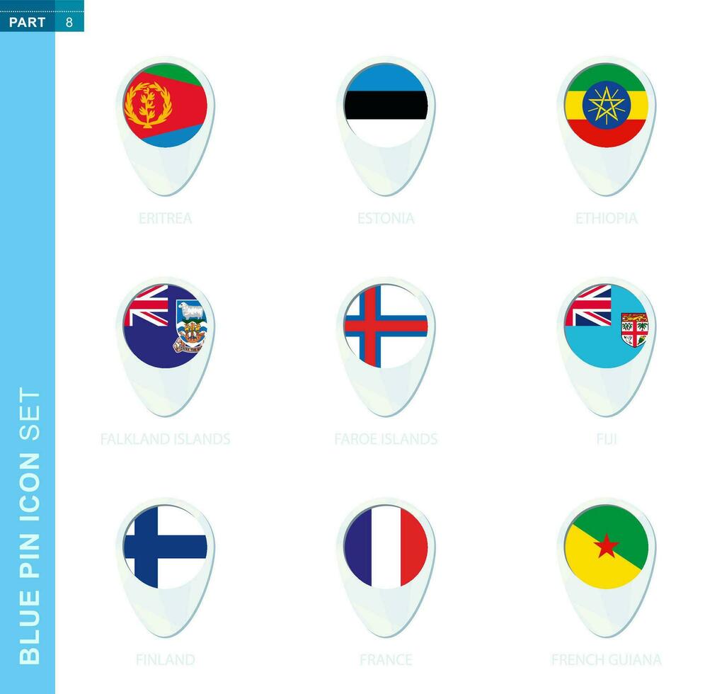 Pin flag set, map location icon in blue colors vector