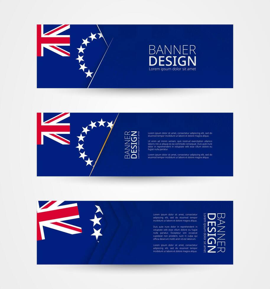 Set of three horizontal banners with flag of Cook Islands. Web banner design template in color of Cook Islands flag. vector