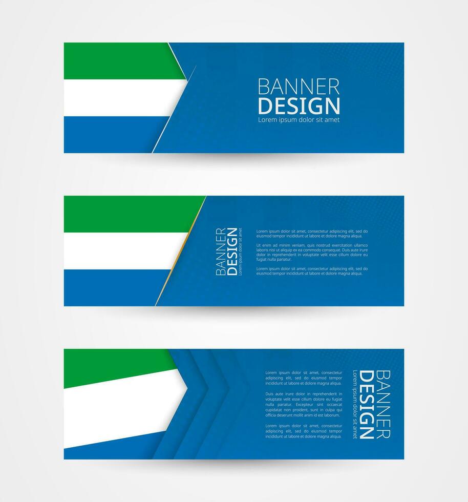 Set of three horizontal banners with flag of Sierra Leone. Web banner design template in color of Sierra Leone flag. vector