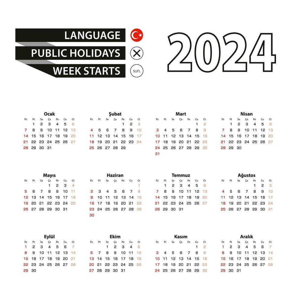 2024 calendar in Turkish language, week starts from Sunday. vector