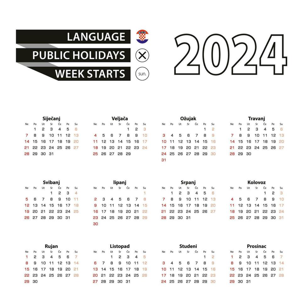2024 calendar in Croatian language, week starts from Sunday. vector