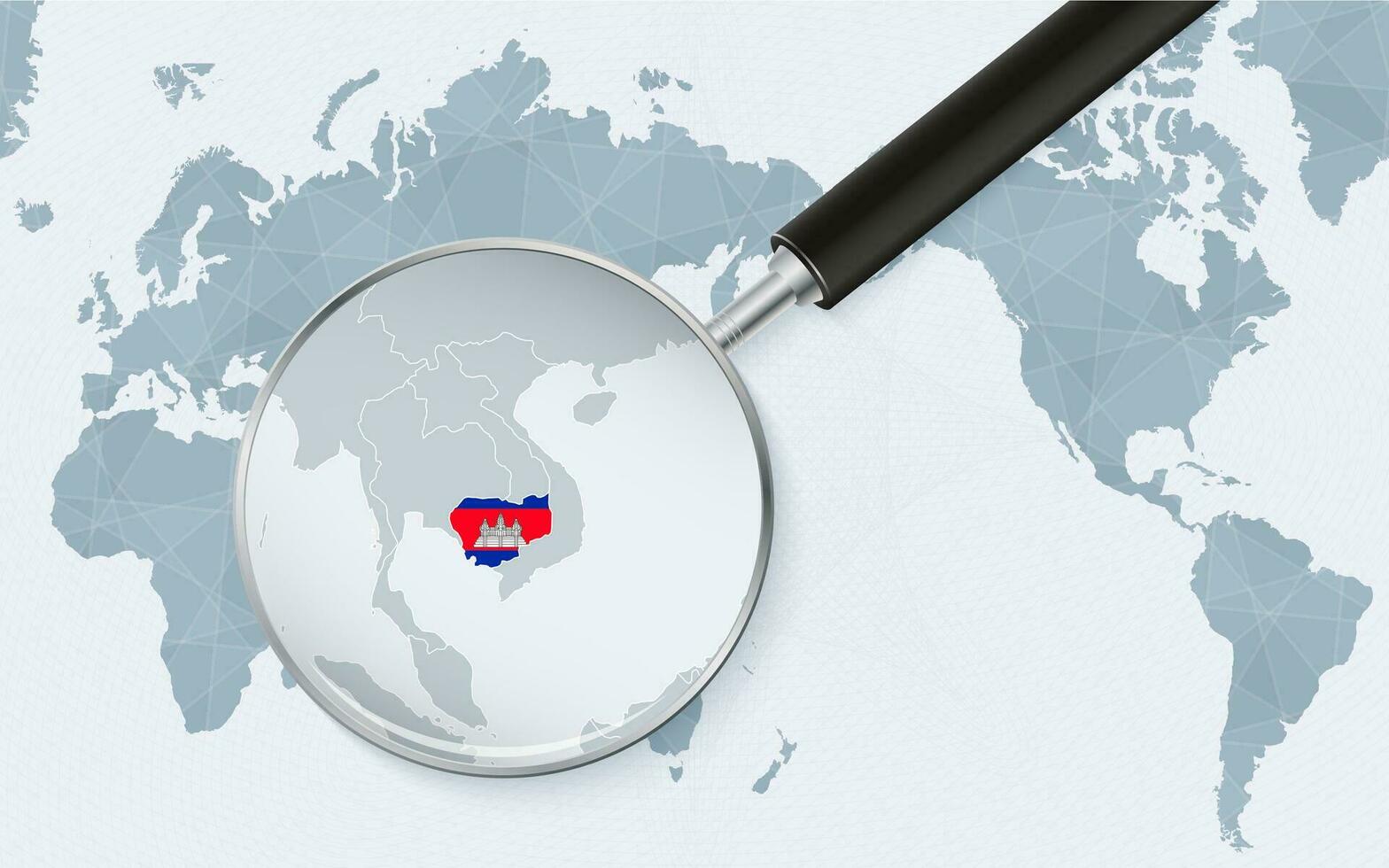Asia centered world map with magnified glass on Cambodia. Focus on map of Cambodia on Pacific-centric World Map. vector
