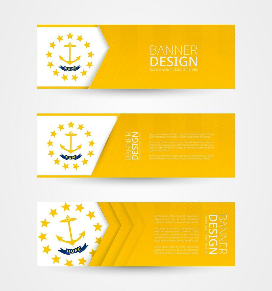 conjunto de Tres horizontal pancartas con nosotros estado bandera de Rhode isla. web bandera diseño modelo en color de Rhode isla bandera. vector