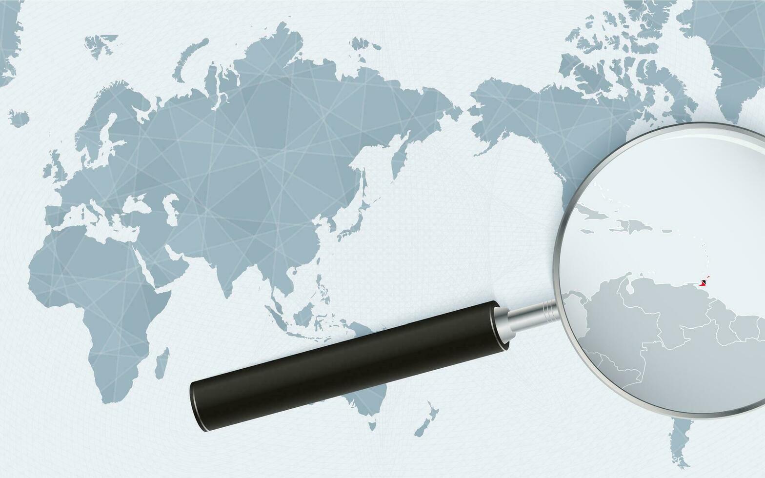 Asia centered world map with magnified glass on Trinidad and Tobago. Focus on map of Trinidad and Tobago on Pacific-centric World Map. vector