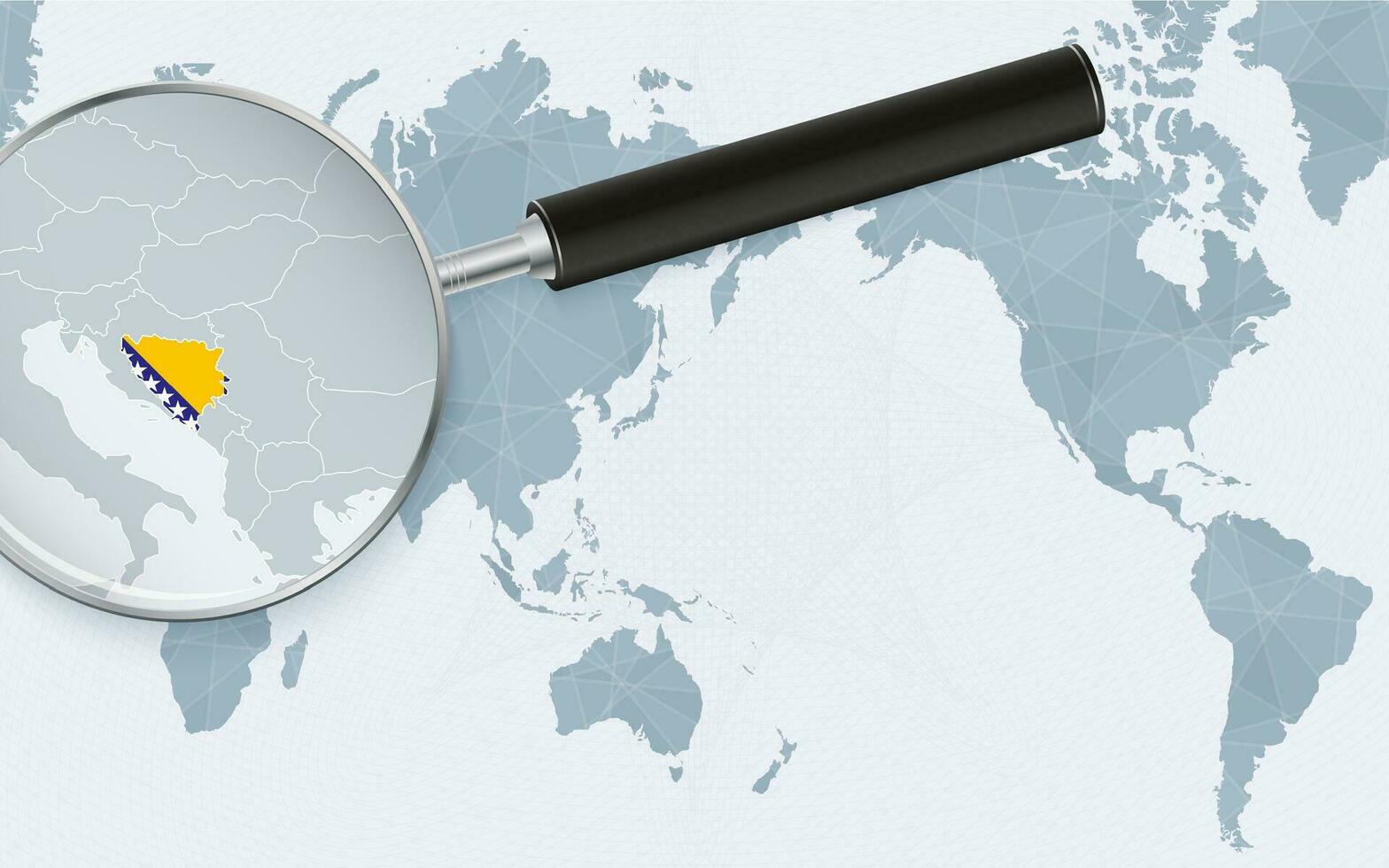 Asia centered world map with magnified glass on Bosnia and Herzegovina. Focus on map of Bosnia and Herzegovina on Pacific-centric World Map. vector
