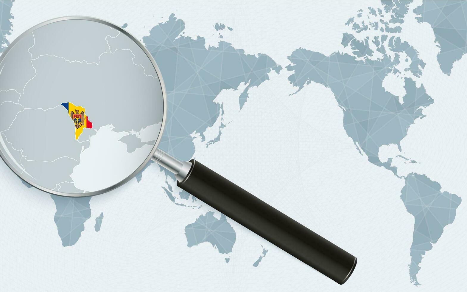 Asia centered world map with magnified glass on Moldova. Focus on map of Moldova on Pacific-centric World Map. vector