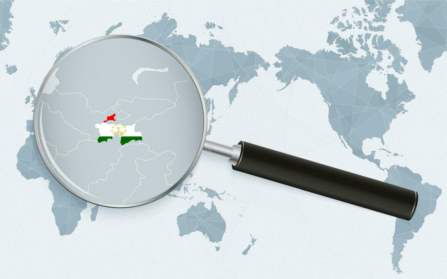 Asia centered world map with magnified glass on Tajikistan. Focus on map of Tajikistan on Pacific-centric World Map. vector