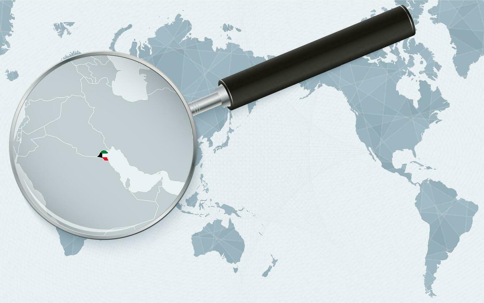 Asia centered world map with magnified glass on Kuwait. Focus on map of Kuwait on Pacific-centric World Map. vector