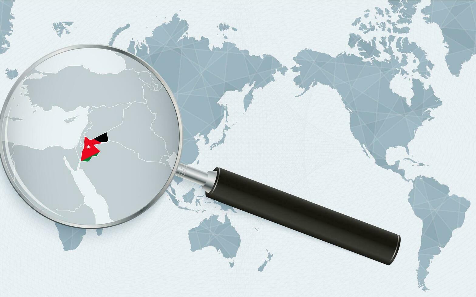 Asia centered world map with magnified glass on Jordan. Focus on map of Jordan on Pacific-centric World Map. vector