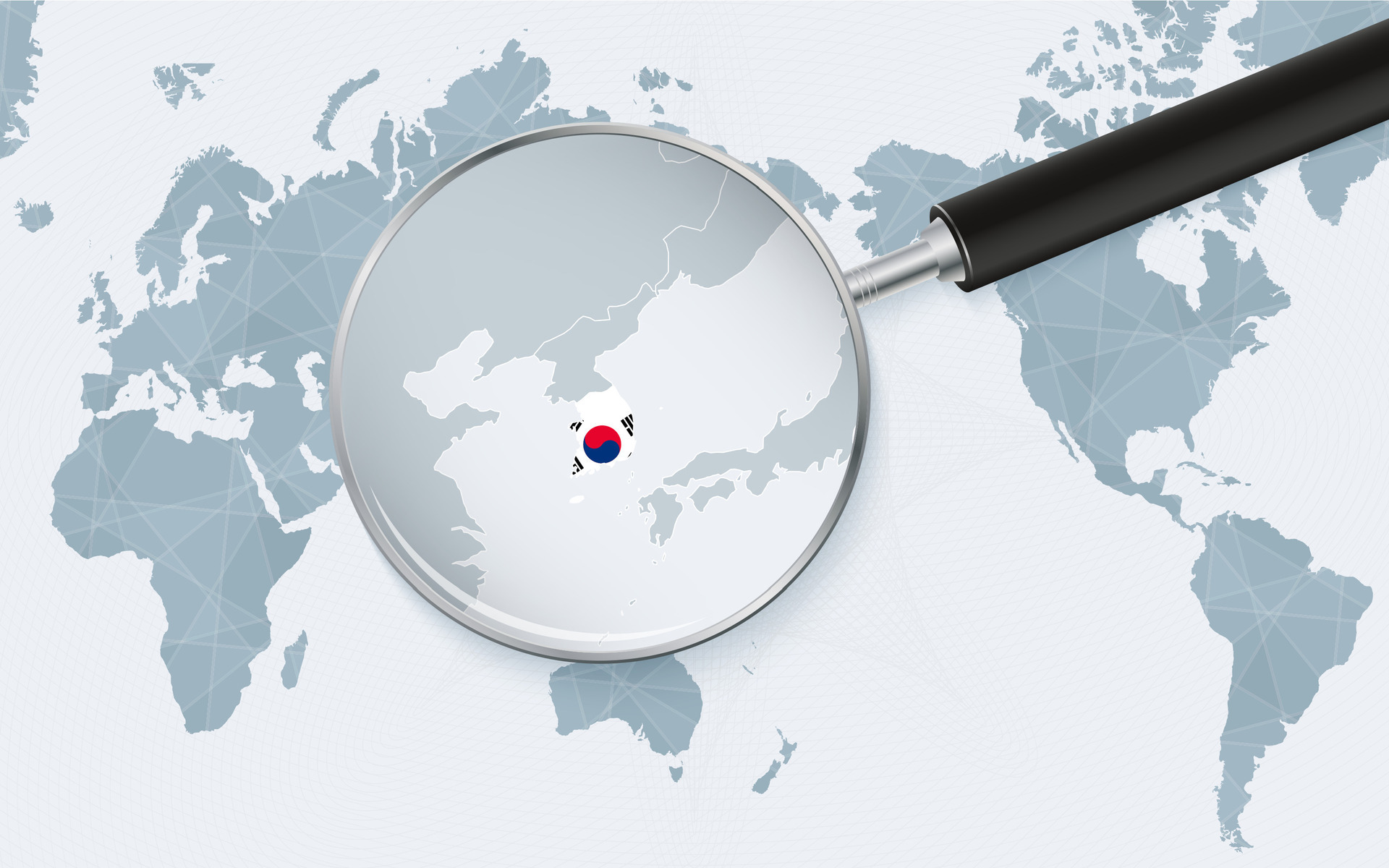 Asia centered world map with magnified glass on South Korea. Focus on