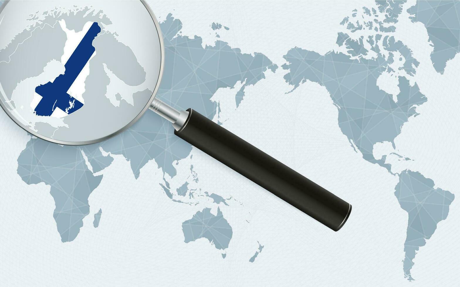 Asia centered world map with magnified glass on Finland. Focus on map of Finland on Pacific-centric World Map. vector