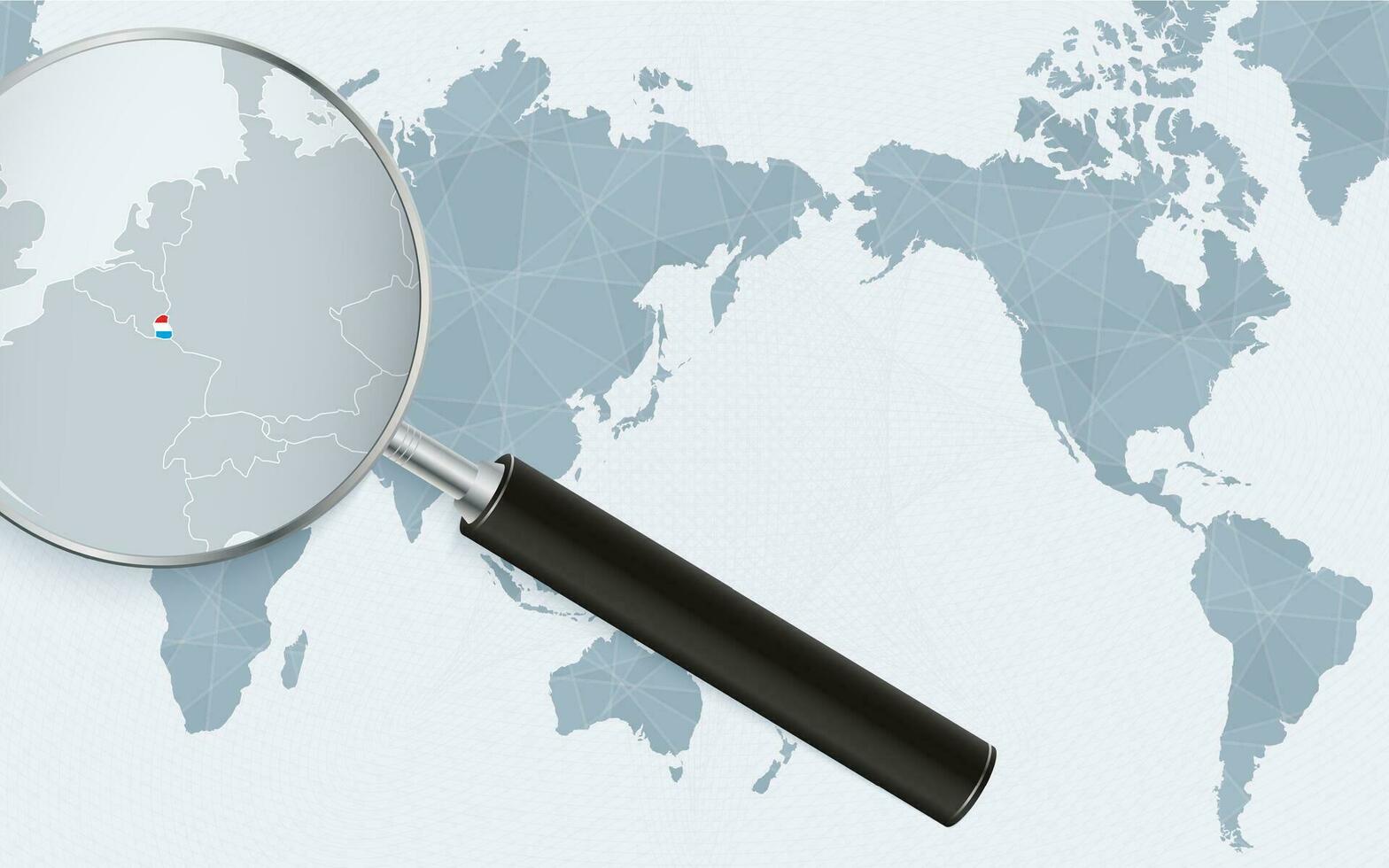 Asia centered world map with magnified glass on Luxembourg. Focus on map of Luxembourg on Pacific-centric World Map. vector