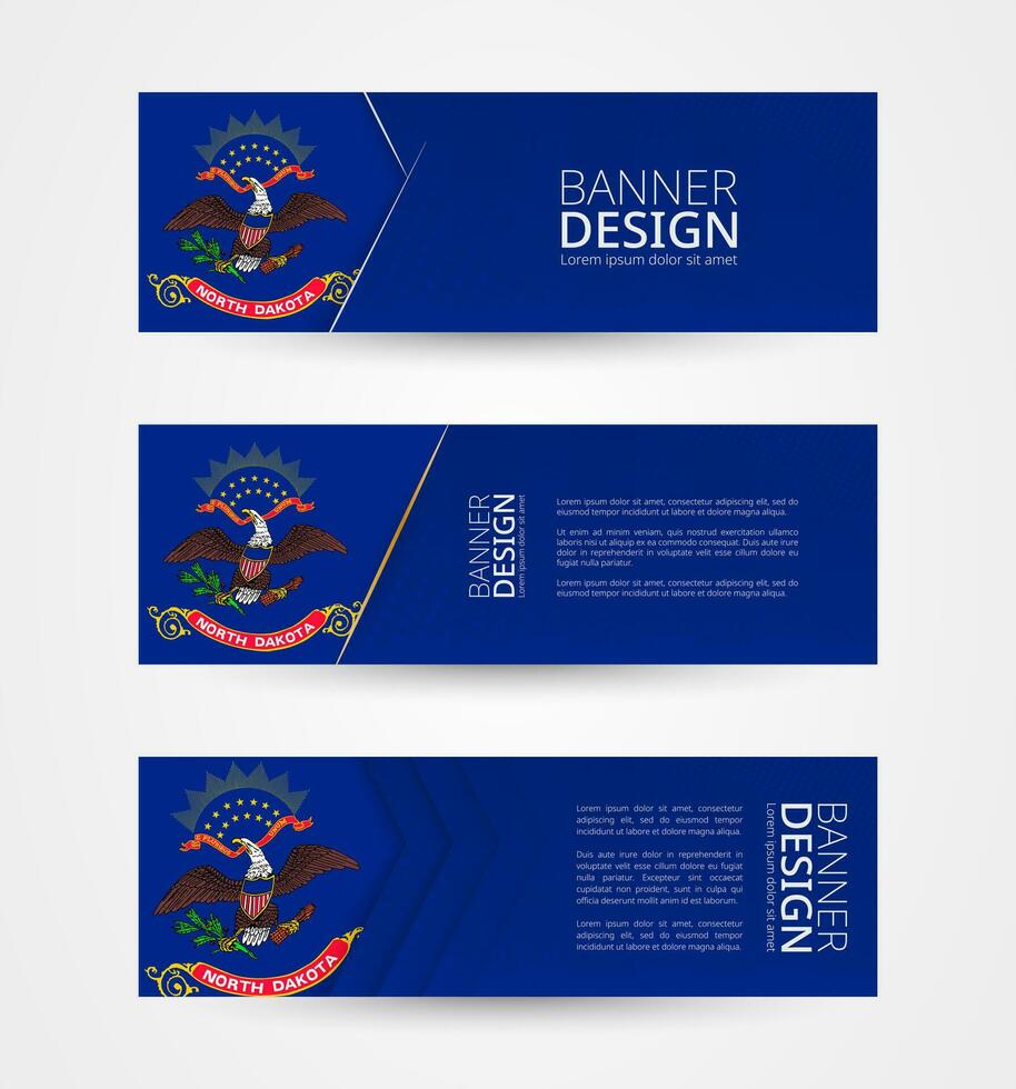 Set of three horizontal banners with US state flag of North Dakota. Web banner design template in color of North Dakota flag. vector