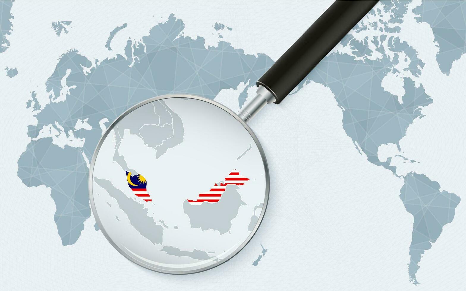 Asia centered world map with magnified glass on Malaysia. Focus on map of Malaysia on Pacific-centric World Map. vector