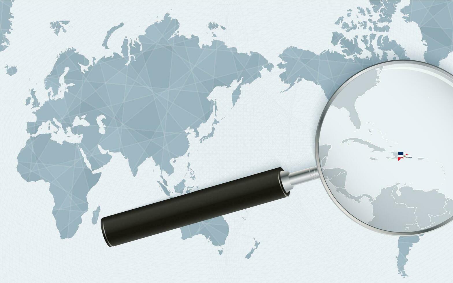 Asia centered world map with magnified glass on Dominican Republic. Focus on map of Dominican Republic on Pacific-centric World Map. vector