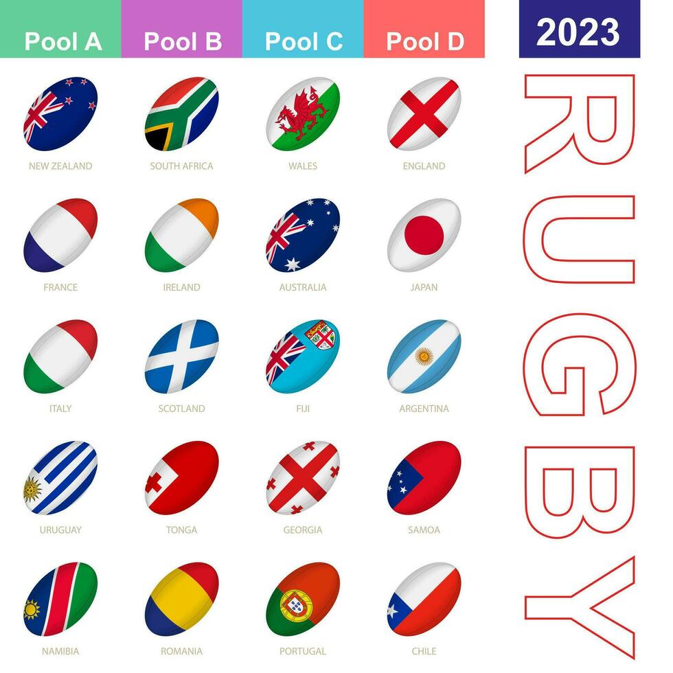 Flags of the nations participating in Rugby 2023. 20 flags in the style of a Rugby ball. vector