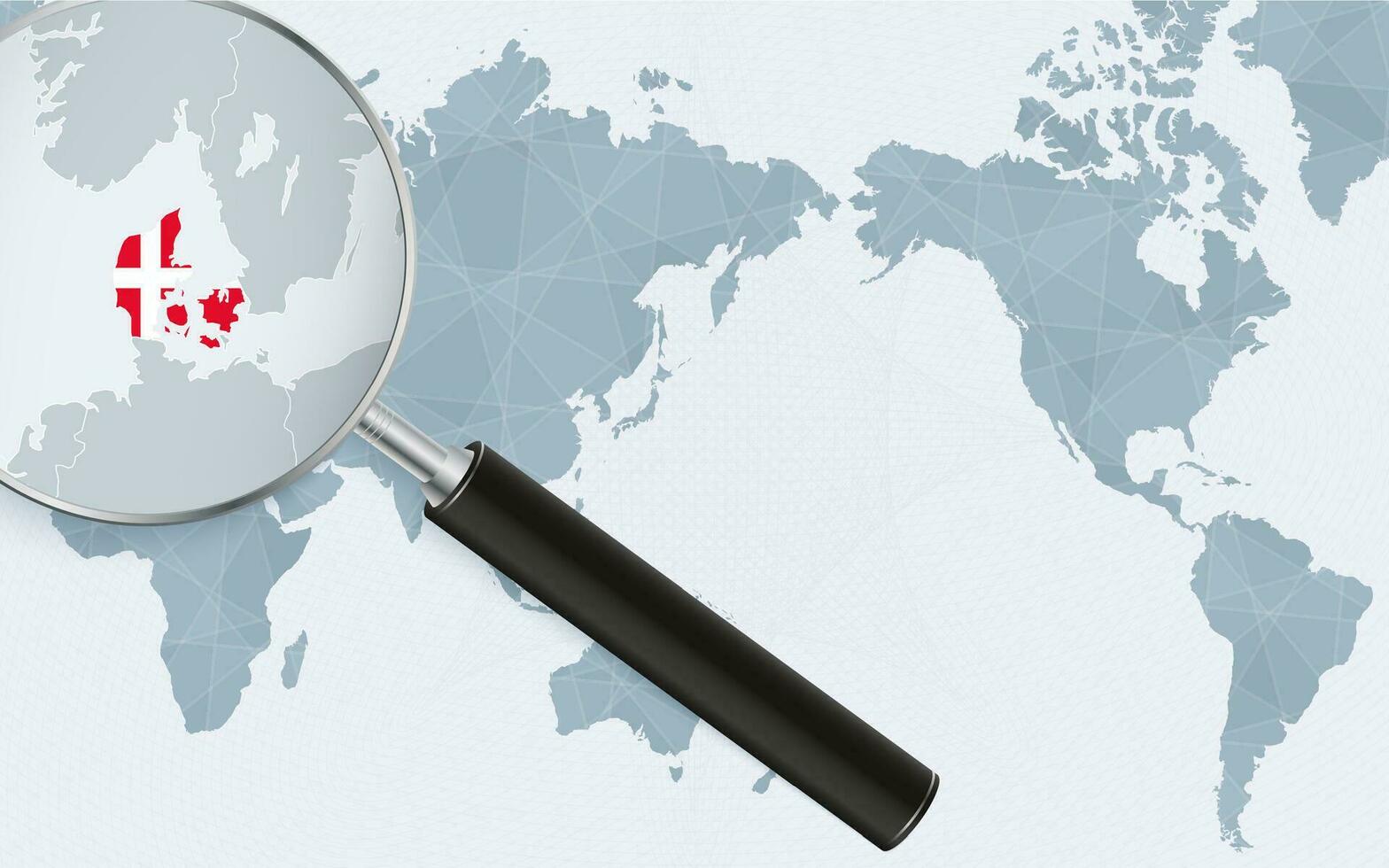 Asia centered world map with magnified glass on Denmark. Focus on map of Denmark on Pacific-centric World Map. vector