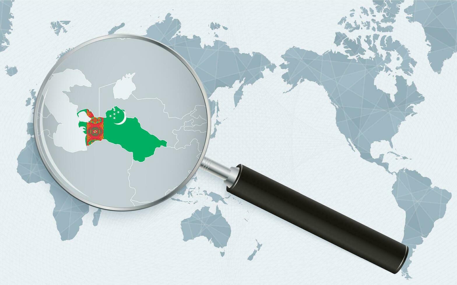 Asia centrado mundo mapa con magnificado vaso en turkmenistán atención en mapa de Turkmenistán en centrado en el pacífico mundo mapa. vector