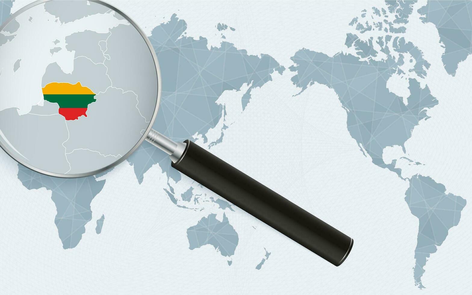 Asia centered world map with magnified glass on Lithuania. Focus on map of Lithuania on Pacific-centric World Map. vector