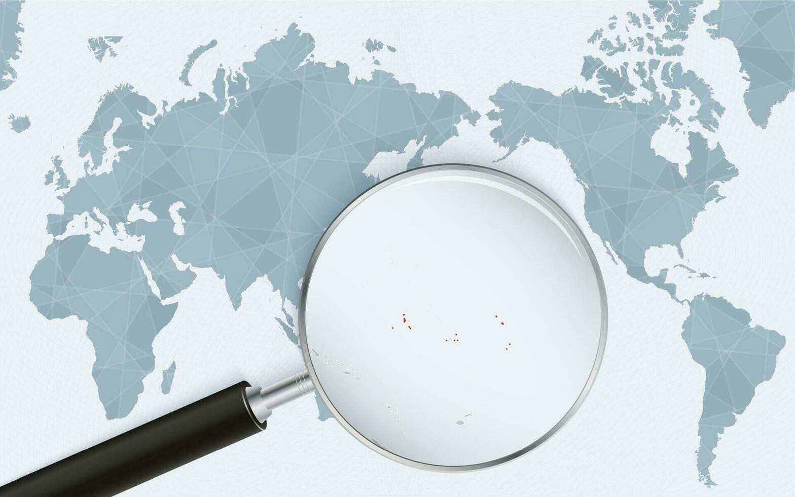 Asia centered world map with magnified glass on Kiribati. Focus on map of Kiribati on Pacific-centric World Map. vector