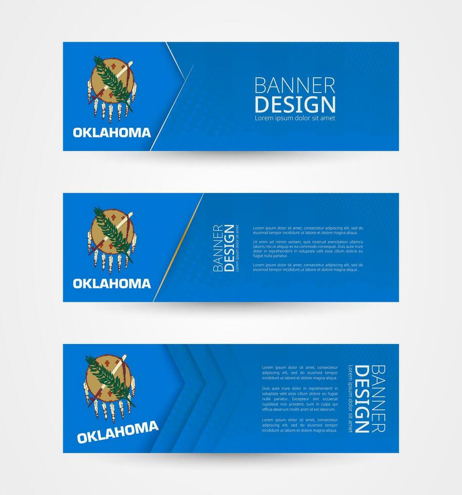 Set of three horizontal banners with US state flag of Oklahoma. Web banner design template in color of Oklahoma flag. vector