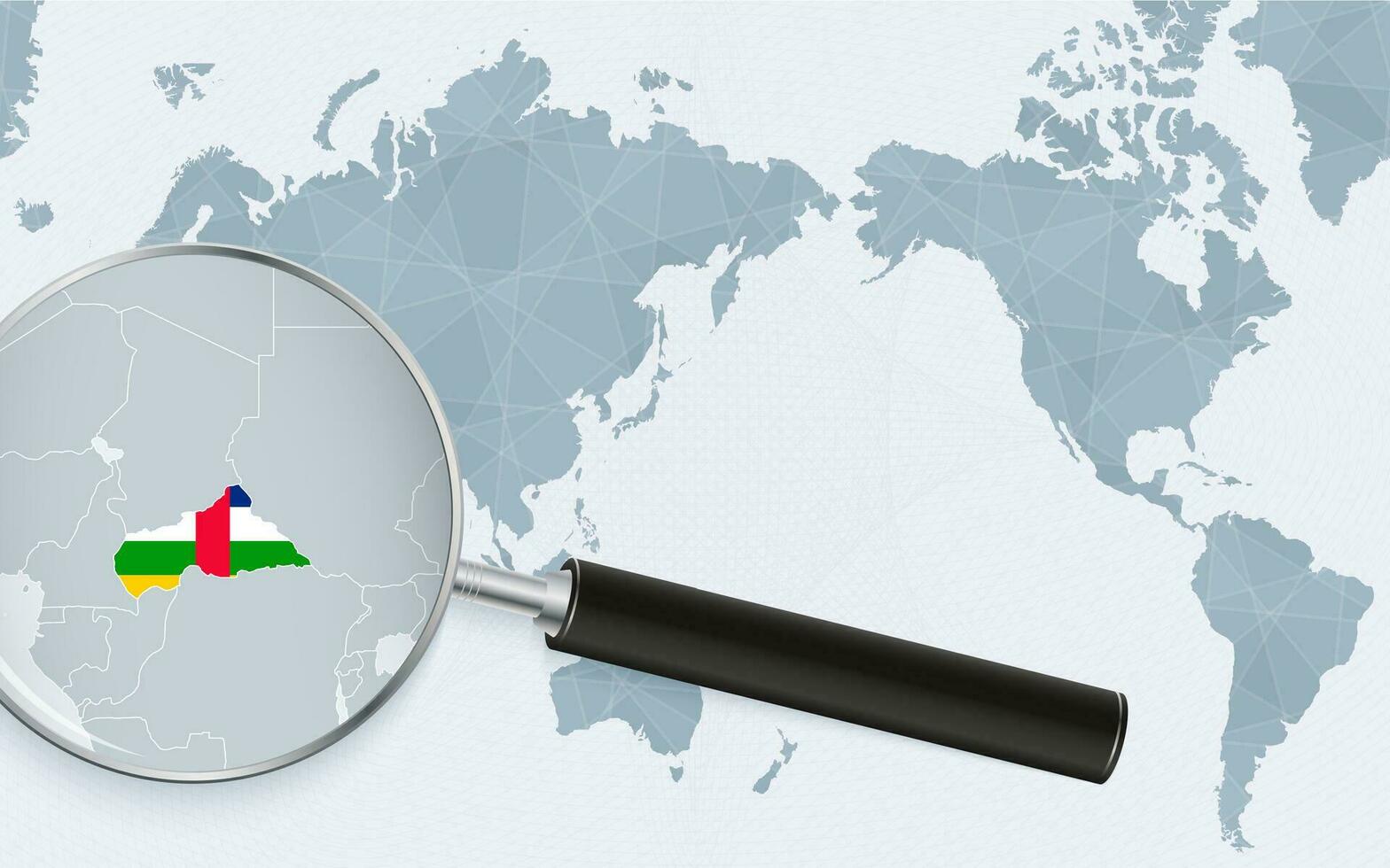 Asia centered world map with magnified glass on Central African Republic. Focus on map of Central African Republic on Pacific-centric World Map. vector