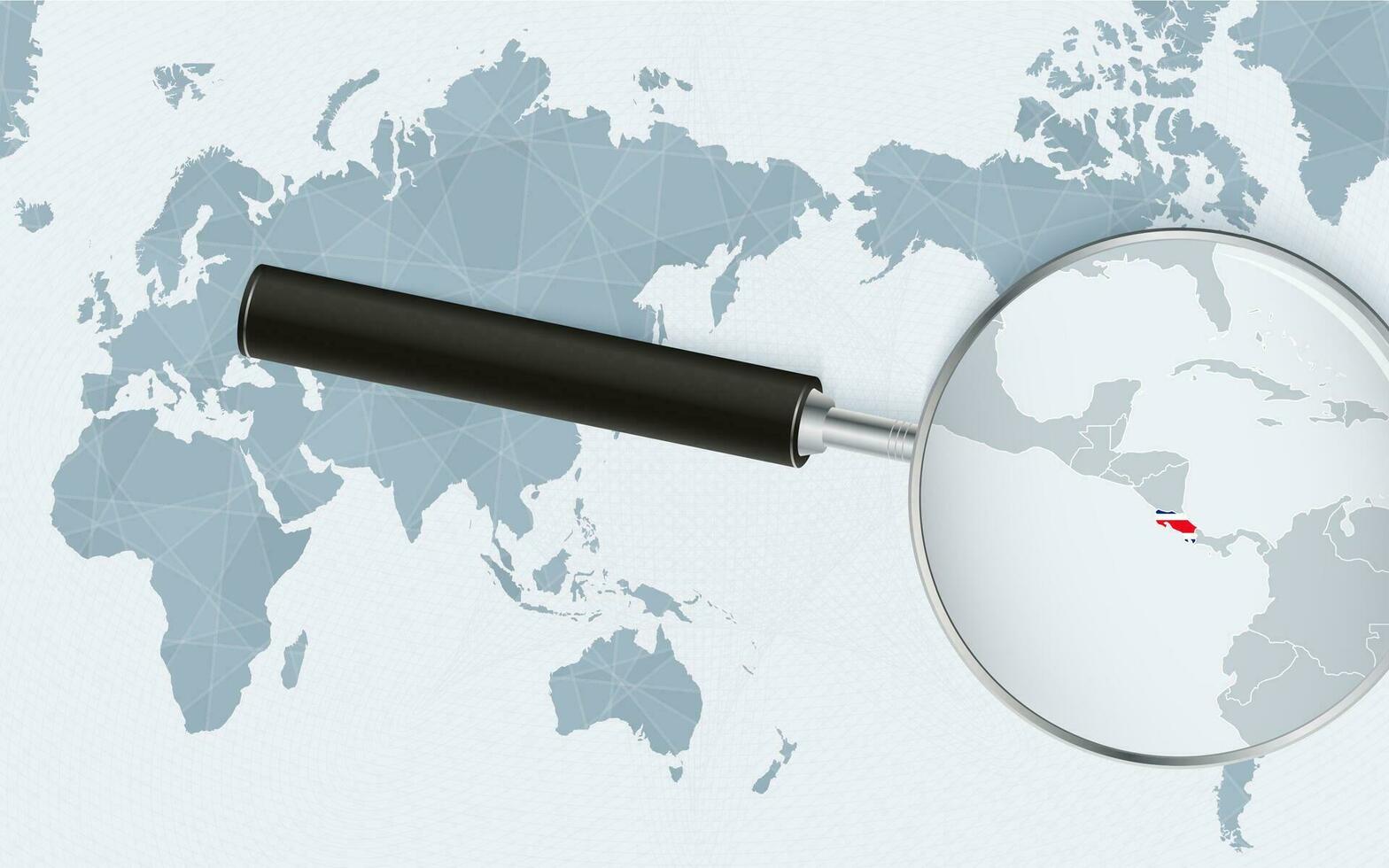 Asia centered world map with magnified glass on Costa Rica. Focus on map of Costa Rica on Pacific-centric World Map. vector