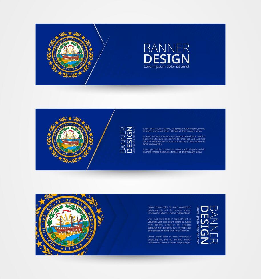 conjunto de Tres horizontal pancartas con nosotros estado bandera de nuevo hampshire. web bandera diseño modelo en color de nuevo Hampshire bandera. vector