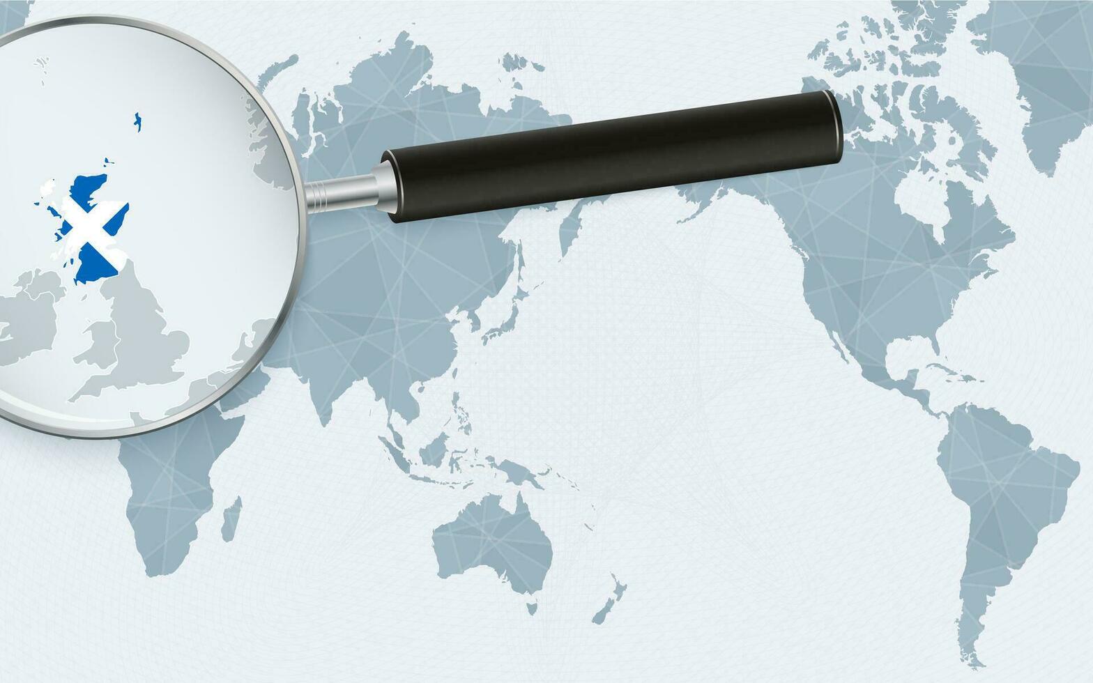 Asia centered world map with magnified glass on Scotland. Focus on map of Scotland on Pacific-centric World Map. vector